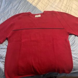 Red sweater with blue trim